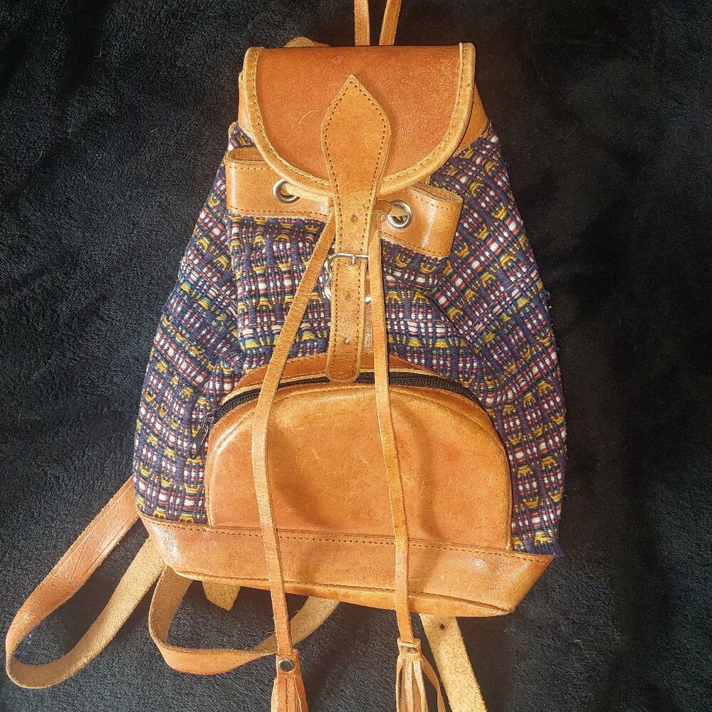 Vintage Rare Ethnic Multicolor Boho Style Knitted Leather Backpack Rucksack